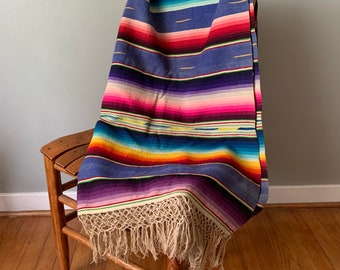 1940s Hand Woven Mexican Saltillo Blanket / vintage 40’s handmade colorful southwestern blue wool runner wall hanging saddle blanket rug