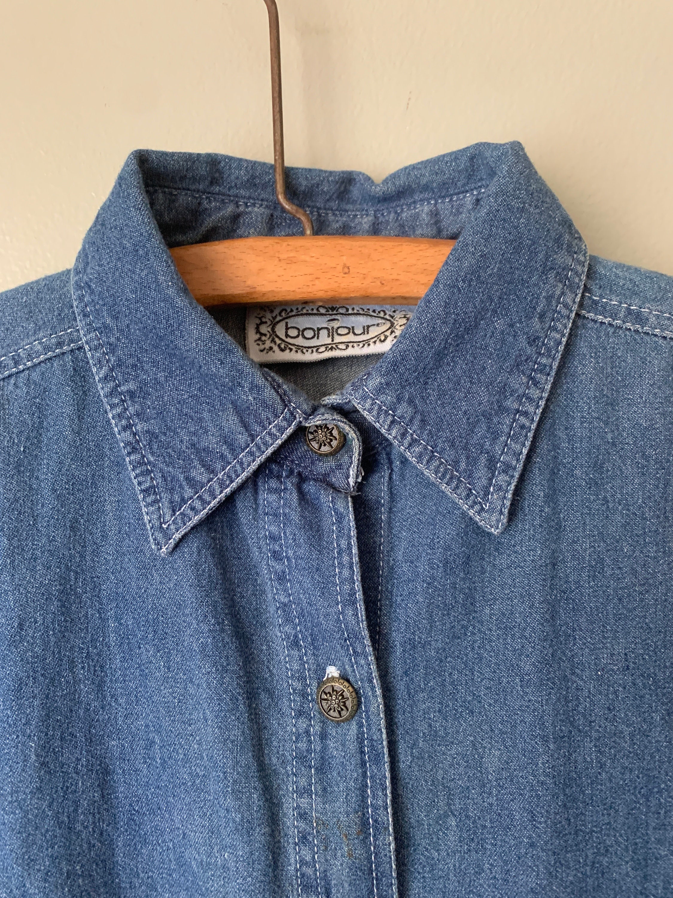 1990s Bonjour Denim Blouse / Vintage 90's Jean Cotton Button