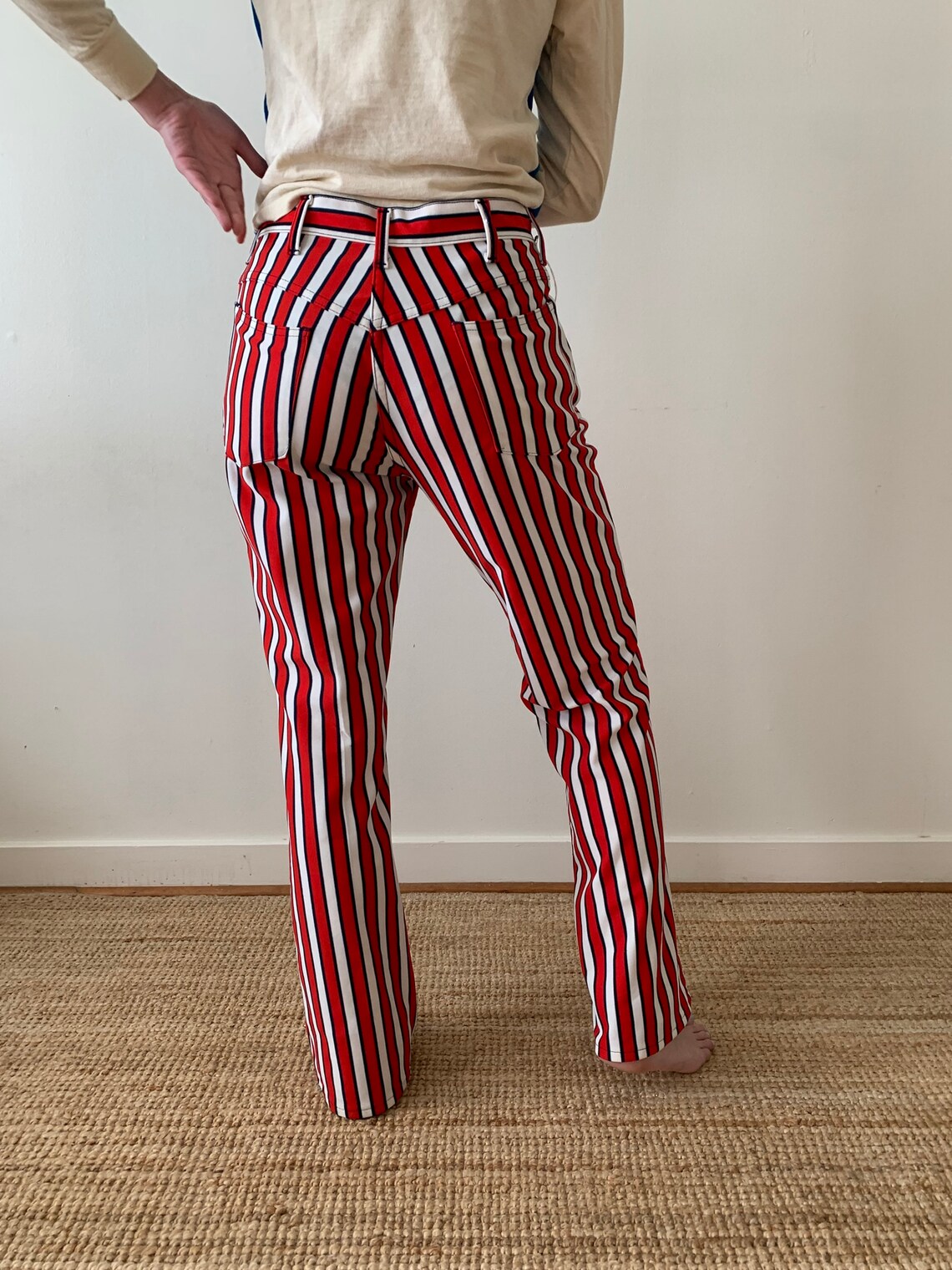 red and white striped flare pants