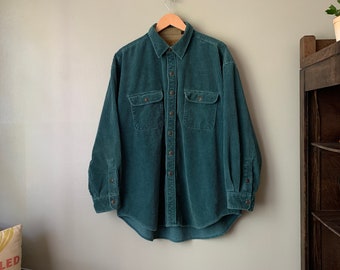 Vintage St. John's Bay Teal Corduroy Button up Shirt / vintage 90's wide wale cord shirt 2XL