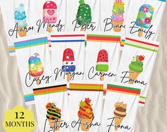 Toalla de playa con diseño de helado del mes de cumpleaños, regalo personalizado con nombre