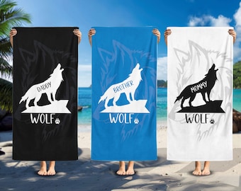Toalla de playa personalizada con diseño de lobo, regalo familiar personalizado