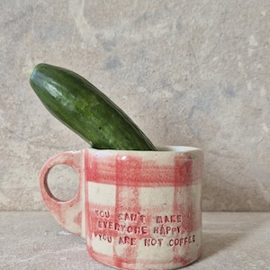 Könnte beinhalten: Handgefertigte Keramiktasse mit rot-weißem Karomuster, gefüllt mit einer grünen Gurke. Die Tasse hat einen Henkel und den Text "YOU CAN'T MAKE EVERYONE HAPPY YOU ARE NOT COFFEE".