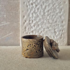 Könnte beinhalten: Kleine, handgefertigte Keramikdose mit Deckel. Die Dose ist zylindrisch und hat eine strukturierte, erdig-braune Oberfläche. Der Deckel ist rund und hat ein kleines, dekoratives Element. Im Hintergrund eine weiße, strukturierte Form.