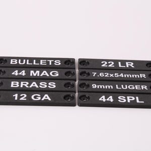 Caliber Nameplate – 3.5" x 0.75" | 90x20mm | Label Ammo, Reloading Components, Dies, Tools, and More | Works with ROR Clip-On Holder