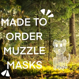 May include: Made to order muzzle masks. A white cartoon dog with a muzzle is in the centre of the image. The image is set in a forest with green trees and a mossy ground.