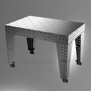 Puede incluir: Una mesa de metal plateada con una superficie perforada y cuatro patas. La mesa tiene ruedas en cada pata.