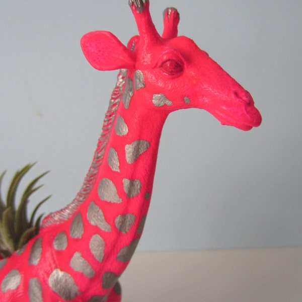 Upcycled Toy Planter - Neon Pink Giraffe with Silver Spots and Air Plant