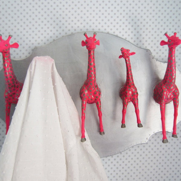 Upcycled Wall Peg Rack with Neon Pink and Silver Giraffe Hooks - Great for Dorms and Teen Rooms!