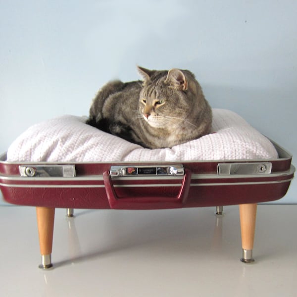Upcycled Pet Bed with Pink Stripe Slip Cover made from a Vintage Suitcase
