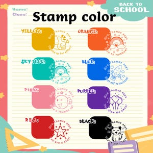 May include: A colorful chart titled "Stamp Color" with various stamp designs. Each stamp is a different color, including yellow, orange, sky blue, blue, pink, purple, red, and black. Each stamp has a unique design and a phrase like "thumbs up for effort!"