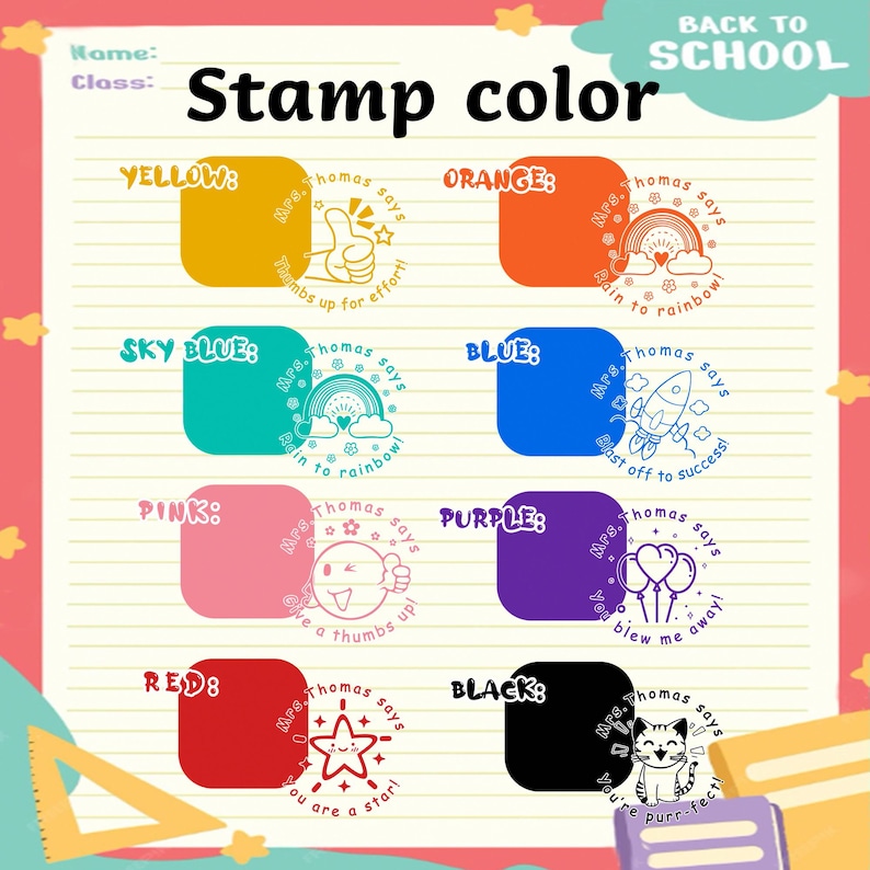 May include: A colorful chart titled "Stamp Color" with various stamp designs. Each stamp is a different color, including yellow, orange, sky blue, blue, pink, purple, red, and black. Each stamp has a unique design and a phrase like "thumbs up for effort!"