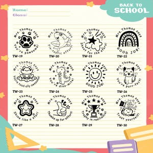 May include: A sheet of paper with various black and white stamps for teachers. The stamps feature encouraging phrases and cute illustrations like a paw print, shark, star, rainbow, frog, dinosaur, sun, cat, and trophy. The stamps are labeled with "Mrs. Thomas says".