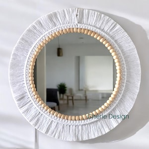 White Round Mirror, Soft Macrame Design, Boho Mirror, Nursery Wall Mirror, Handmade Minimalist Decor, Wooden Beaded