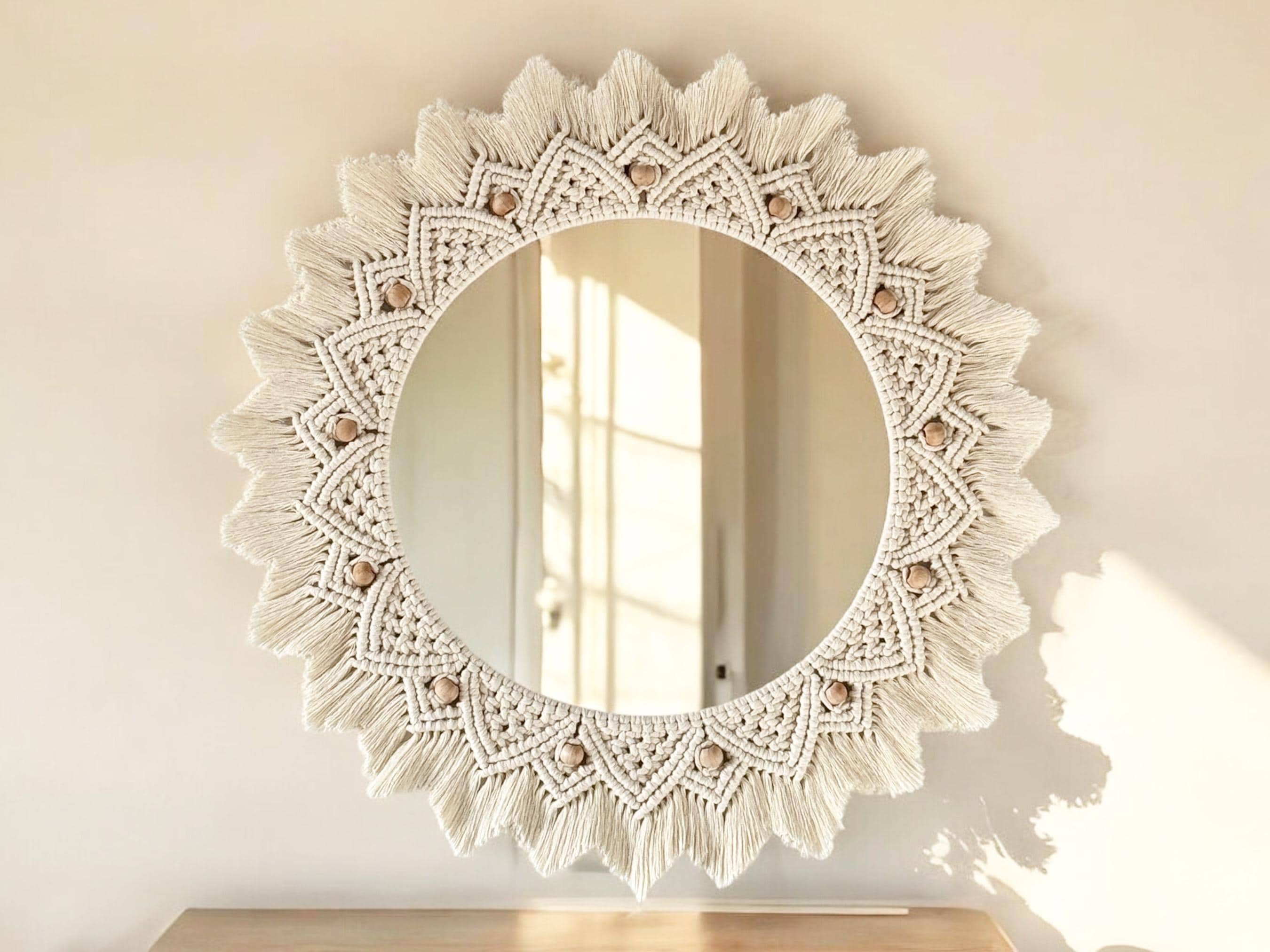 Macrame Beaded Wall Mirror, Bohemian Living Room Wall Mirror, Macrame Frame Wall Mirror, Mother's Day Gift, Housewarming Gifts, Large Mirror