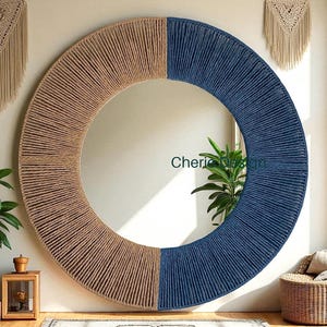 Dark Blue Wall Mirror, Large Size Boho Decor, Living Room Wall Mirror, Round Naturel Rope Decor, Retro Design