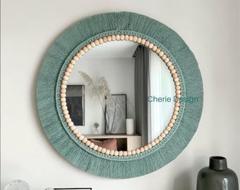 Green Macrame Wall Hanging Mirror, Beaded Living Room Macrame Wall Decoration, Nursery Room Round Wall Decor, Christmas Gift, Gift For Mom