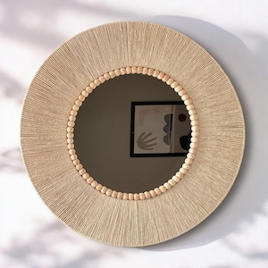 Natural Beaded Wall Mirror,Cream Round Nursery Mirror, Boho Dorm Wall Decor,Large Living Room Gift,New Home Gift,Makeup Mirror, Gift For Her