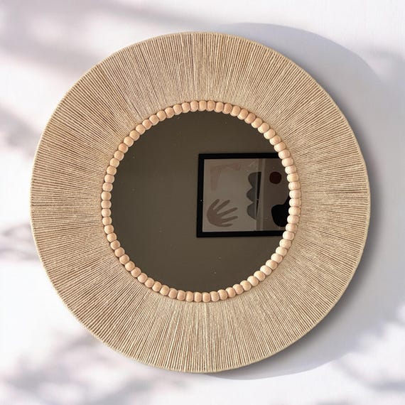 Natural Beaded Wall Mirror,Cream Round Nursery Mirror, Boho Dorm Wall Decor,Large Living Room Gift,New Home Gift,Makeup Mirror, Gift For Her