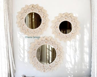 Set Of 3 Macrame Mirrors, Nursery Wall Hanging Mirror, Nursery Boho Mirror, Minimalist Soft Decor, Living Room Wall Mirror, Macrame Mirror