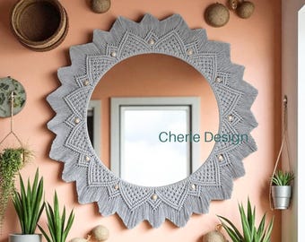 Handmade Round Macrame Mirror, Grey Boho Wall Mirror, Scandinavian Style Woven Mirror, Modern Boho Wall Decor for Living Room, Nursery Decor
