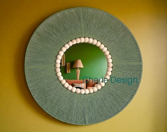 Green Rope Boho Mirror with Wooden Beads, Handmade Wall Mirror, Round Decorative Mirror, Nursery Green Wall Mirror, Oliver Green Wall Mirror