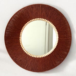 Rust Jute Bohemian Wall Mirror, Vintage Bedroom Wall Hanging Mirror, Handmade Round Beaded Mirror, Housewarming Gift, Birthday Gifts For Mom