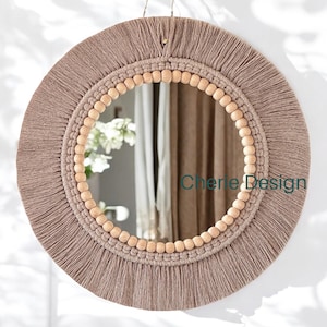 Ecru Macrame Wall Mirror, Beaded Wooden Wall Decor, Nursery Boho Mirror, Mother&#39;s Day Gift, Large Soft Mirror, Baby Shower Gift, Boho Mirror