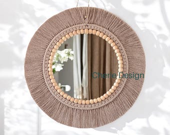 Ecru Macrame Wall Mirror, Beaded Wooden Wall Decor, Nursery Boho Mirror, Mother's Day Gift, Large Soft Mirror, Baby Shower Gift, Boho Mirror