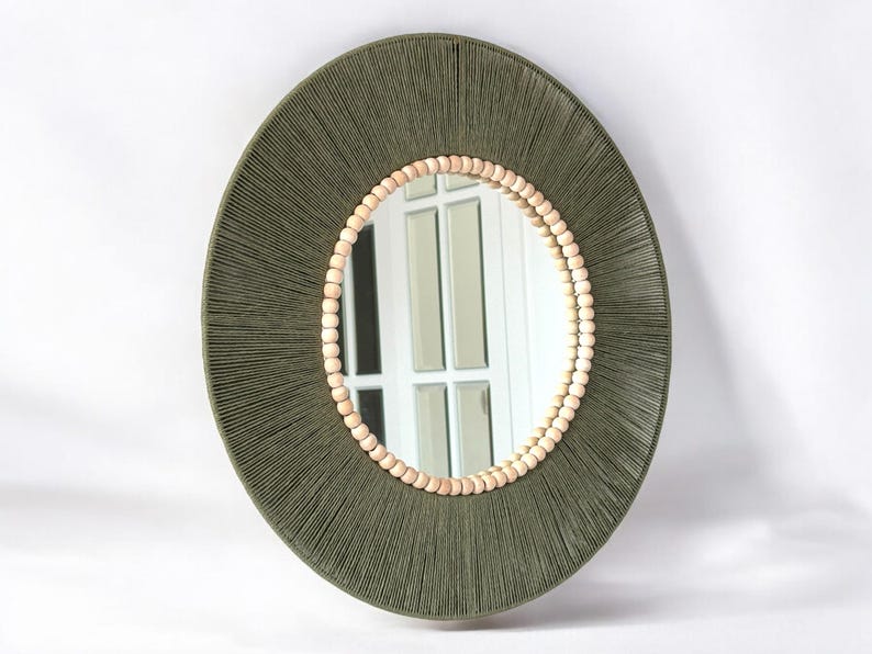 Green Retro Wall Mirror,Beaded Elegant Bedroom Decor, Bohemian Round Mirror,Decorative Living Room Decor,Housewarming Gift,Nursery Wall Art image 3