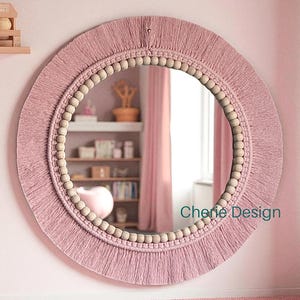 Powder Pink Macrame Wall Mirror, Soft Round Wall Decor, Nursery Boho Mirror. Boho Chic Interiors, Baby Shower Gift, Wooden Beaded Mirror