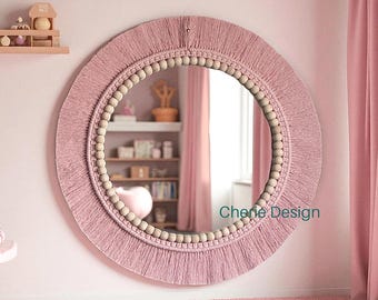 Powder Pink Macrame Wall Mirror, Soft Round Wall Decor, Nursery Boho Mirror. Boho Chic Interiors, Baby Shower Gift, Wooden Beaded Mirror