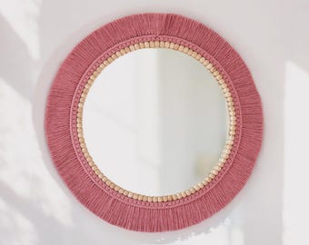 Pink Nursery Mirror, Macrame Wall Decor, Woven Wall Decor, Boho Mirror, Housewarming and Mother's Day Gift, Wooden Beaded Macrame Wall Decor