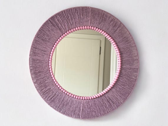 Lilac Wall Hanging Mirror, Decorative Bead Wall Decor, Nursery Wall Decor, Natural Rope Round Mirror,Living Room Mirror,Rustic Wooden Mirror
