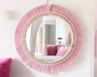 Powder Pink Macrame Wall Mirror, Soft Round Wall Decor, Nursery Boho Mirror. Minimalist Living Room Deco, Baby Shower Gift, Pink Wall Mirror