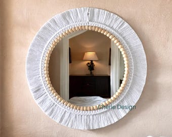 White Round Mirror, Soft Macrame Design, Boho Mirror, Nursery Wall Mirror, Handmade Minimalist Decor, Wooden Beaded