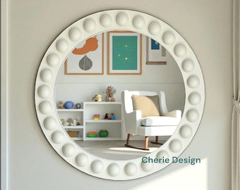 Nursery Wood Beaded Wall Mirror, Modern Boho Circle Mirror, Handmade Wooden Frame Mirror for Living Room, Bedroom Decor, Newborn Gift