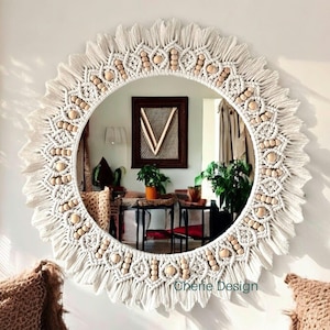 Macrame Wall Mirror, Mother&#39;s Day Gift, Boho Wall Decor, Soft Round Mirror, Beaded Wooden Wall Decor, Living Room Decor, Nursery Wall Mirror