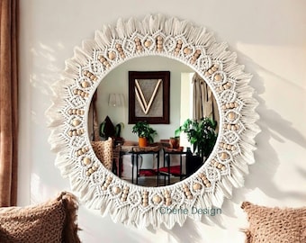 Macramé wandspiegel, Moederdagcadeau, boho wanddecoratie, zachte ronde spiegel, houten wanddecor met kralen, woonkamerdecor, wandspiegel kinderkamer