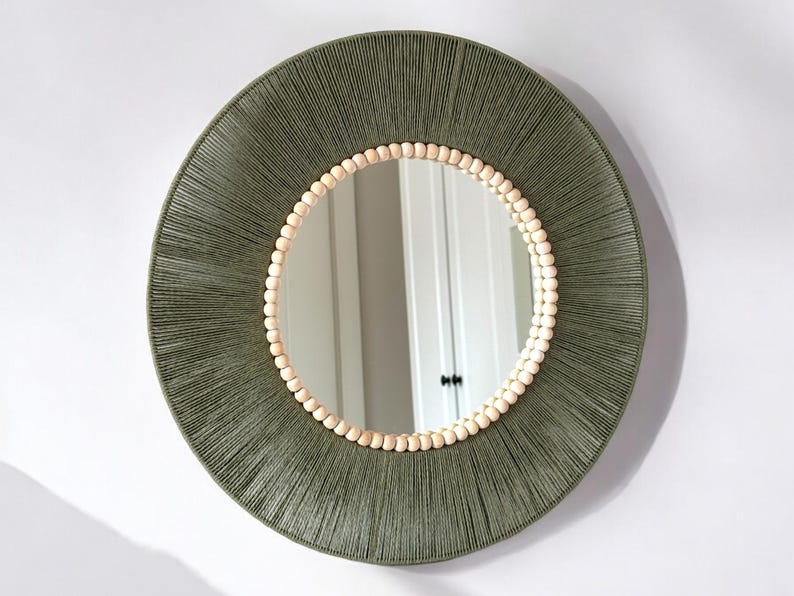 Green Retro Wall Mirror,Beaded Elegant Bedroom Decor, Bohemian Round Mirror,Decorative Living Room Decor,Housewarming Gift,Nursery Wall Art image 5