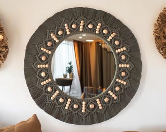 Green Macrame Wall Mirror, Living Room Decor, Round Wall Mirror, Beaded Large Miŕror, Dark Green Mirror, Mother's Day Gift, Frame Decor