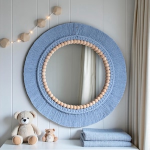Soft Blue Mirror, Handmade Nursery Room Mirror, Blue Macrame Round Mirror, Nursery Wall Decor, Boho Children's Room