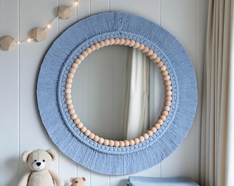 Soft Blue Mirror, Handmade Nursery Room Mirror, Blue Macrame Round Mirror, Nursery Wall Decor, Boho Children's Room