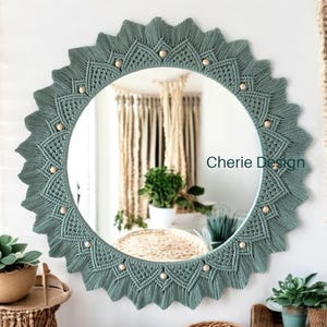 Green Soft Macrame Wall Mirror, Boho Wall Decor, Mothers Day Gift, Nursery Round Mirror, Wooden Bead Mirror, Housewarming Gift, Boho Mirror