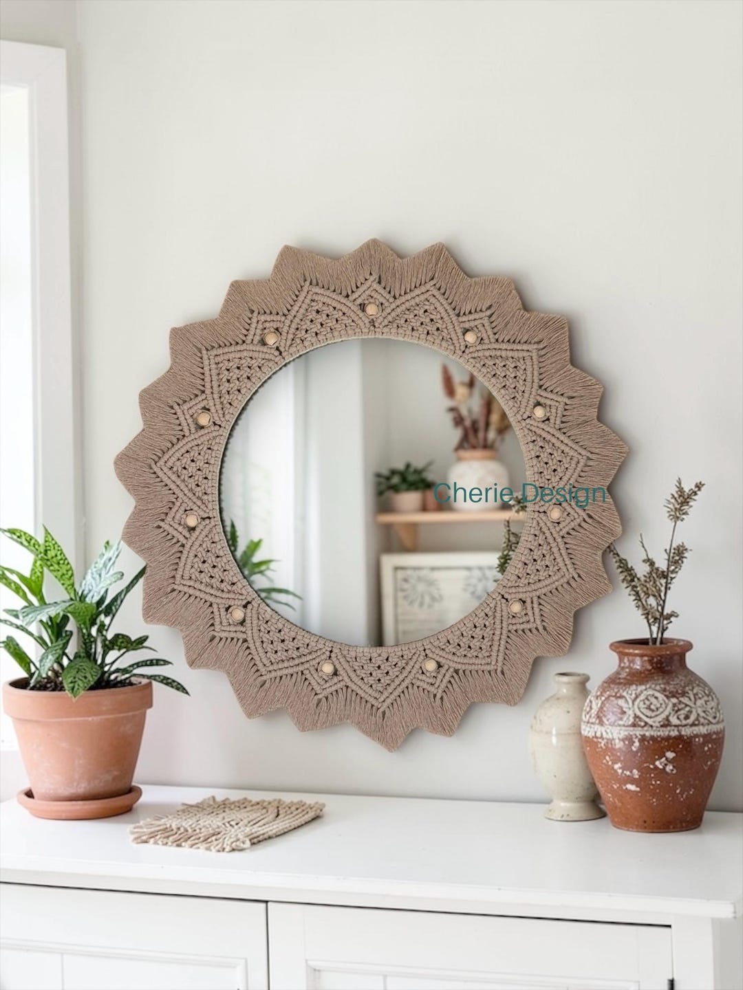 Boho Macrame Wall Mirror, Round Handmade Woven Mirror, Large Rustic ...