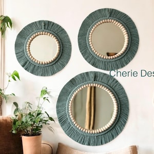 Macrame Triple Set Mirrors, Nursery Green Wall Mirror, Boho Wall Mirror, House Warming Gift, Wooden Beaded Mirror, Newborn Gift, Boho Decor