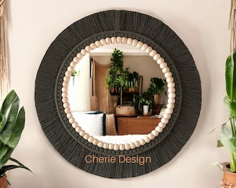 Groene kralen wanddecoratie, bladgroene wandspiegel, boho spiegel, wanddecoratie, woonkamer handgemaakt decor, cadeau kinderkamer, macramé spiegel