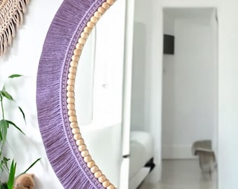 Lilac Handmade Wall Decor, Macrame Frame Mirror, Wooden Bead Mirror, Natural Wall Hanging Decor, Boho Mirror, Nursery Wall Mirror, Wall Deco