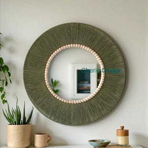 Green Handmade Modern Mirror, Jute Decor, Large Round Wall Mirror, Nursery Decor, Retro Design, Bohemian Wooden Beads Mirror