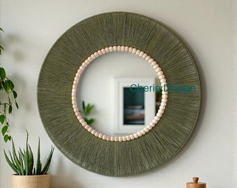Green Handmade Modern Mirror, Jute Decor, Large Round Wall Mirror, Nursery Decor, Retro Design, Bohemian Wooden Beads Mirror